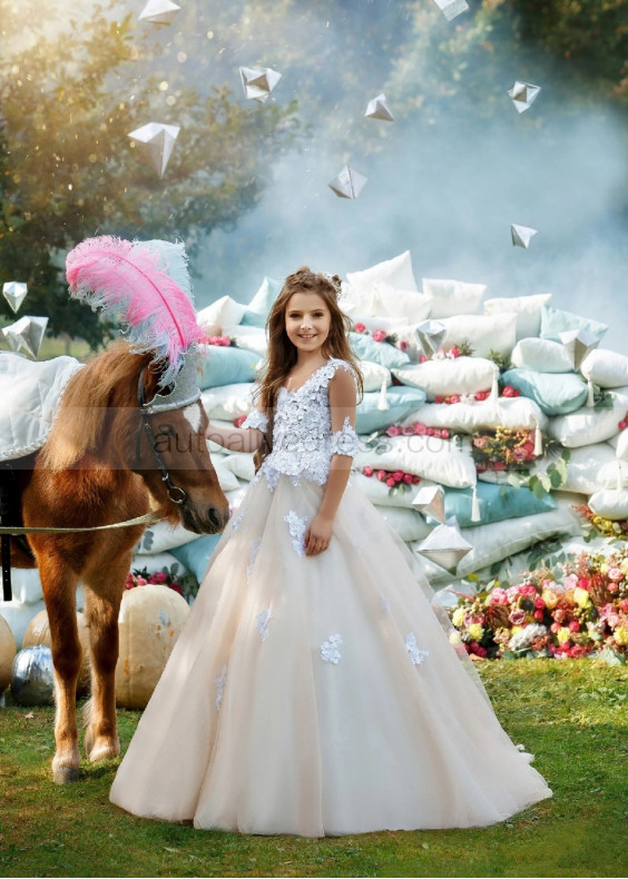 White Lace Champagne Tulle Stunning Flower Girl Dress